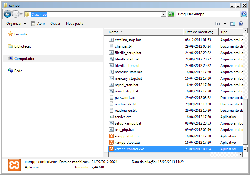 Pasta de Instalação XAMPP.