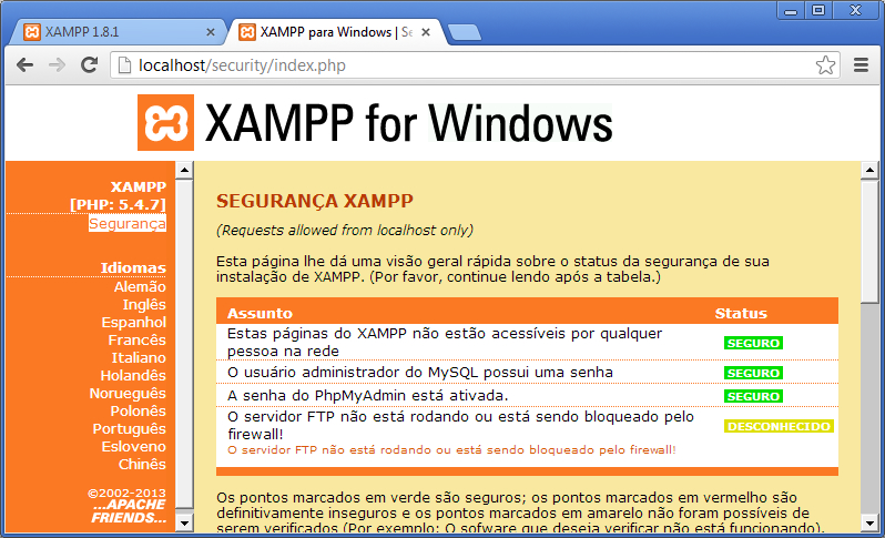 Pagina de Segurança do XAMPP.