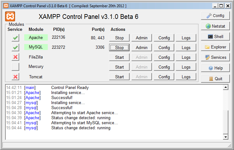 Painel de Controle do XAMPP com serviços estartados.