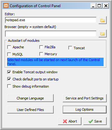 Tela de Configuração do botão Config do XAMPP.